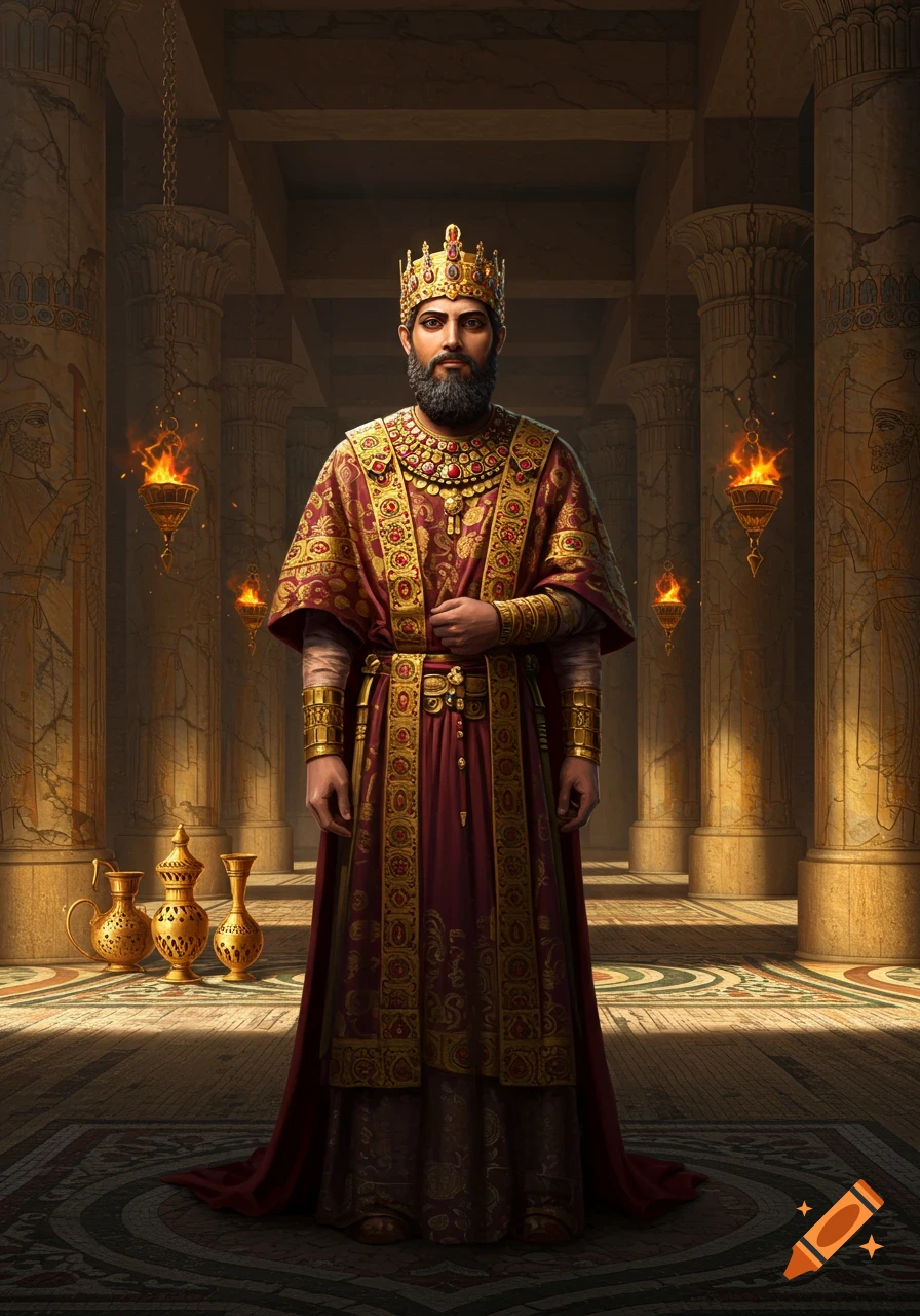 A photorealistic portrait of a bearded king in a gold crown and ornate red robes standing in a grand hall with flaming torches.