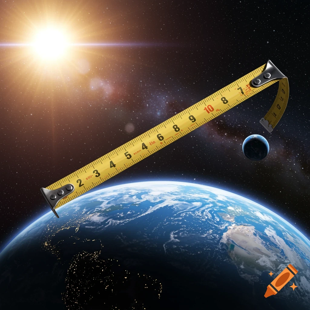 A gigantic yellow tape measure extends from Earth into space towards the sun, with a small planet in the background.