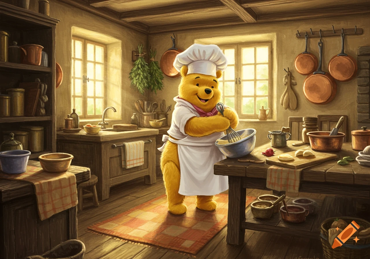 Winnie the Pooh as a chef, whisking batter in a bowl in a cozy, rustic kitchen filled with sunlight.
