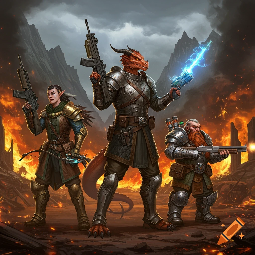A digital art image of a dragonborn, an elf, and a dwarf, armed with modern firearms, standing in a fiery, ruined landscape.