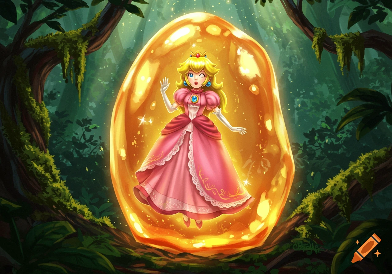 Princess Peach, a blonde woman in a pink dress and crown, is trapped inside a glowing amber orb in a dark, mossy forest.