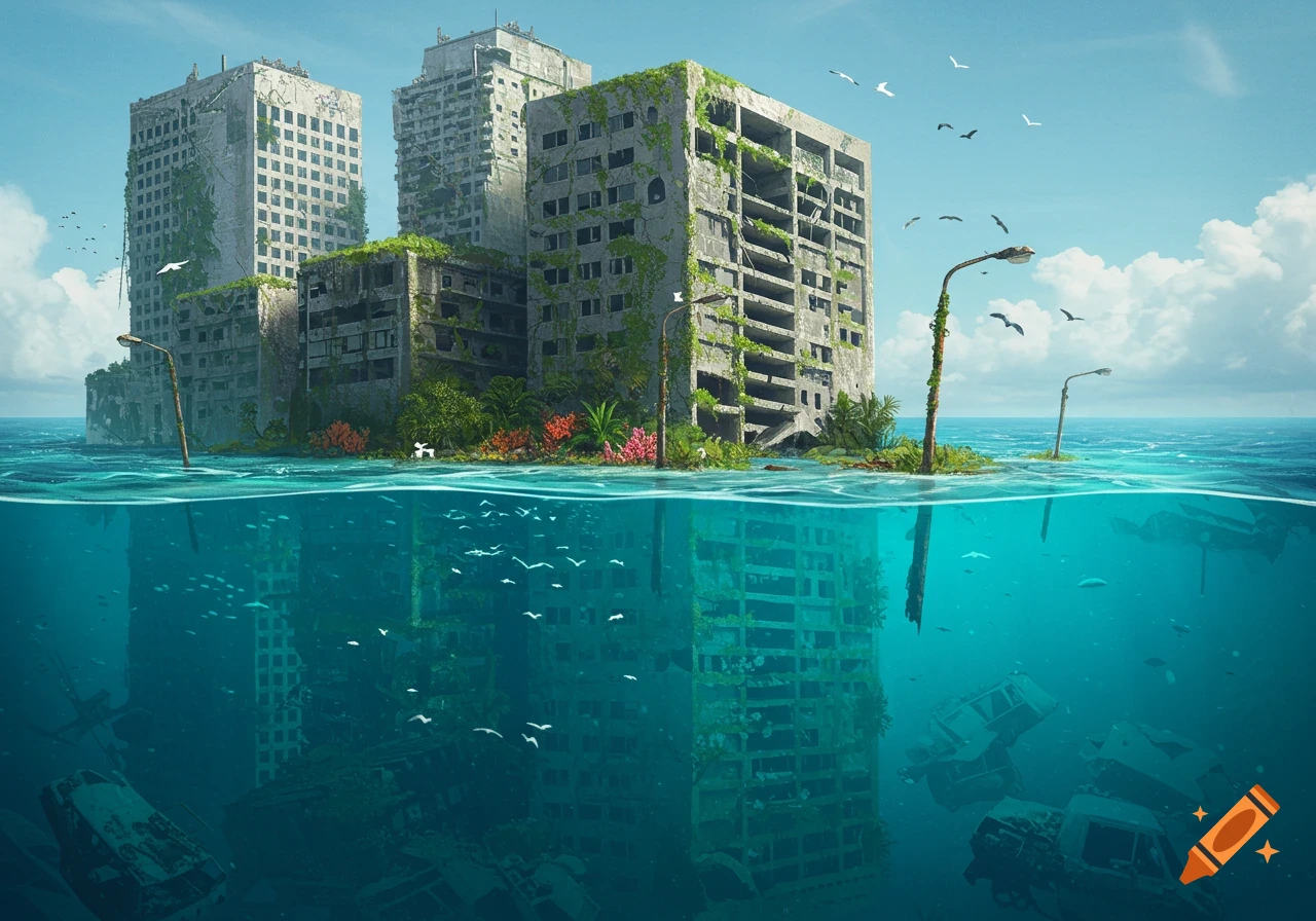 Half-submerged, dilapidated city buildings covered in green vines, with a clear view above and below the ocean surface showing submerged cars and marine life.