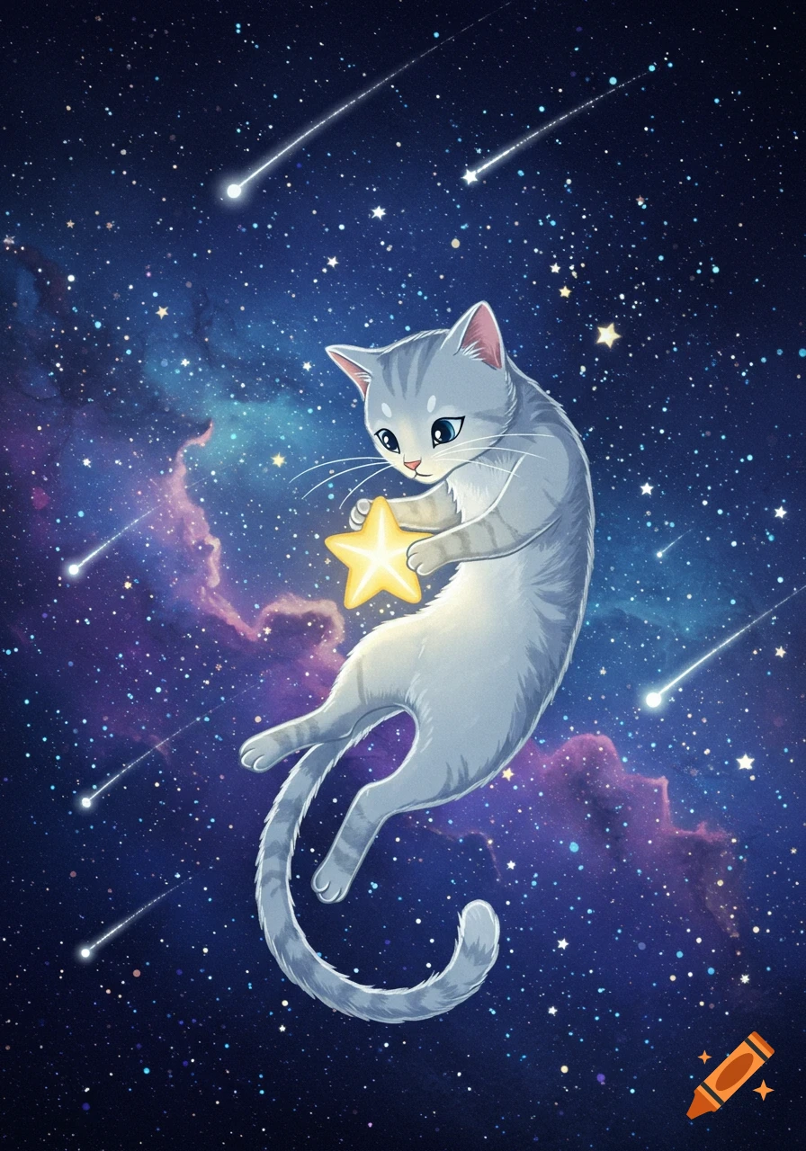 A grey tabby cat floats in space, holding a glowing yellow star, surrounded by nebulae and shooting stars in an illustration.