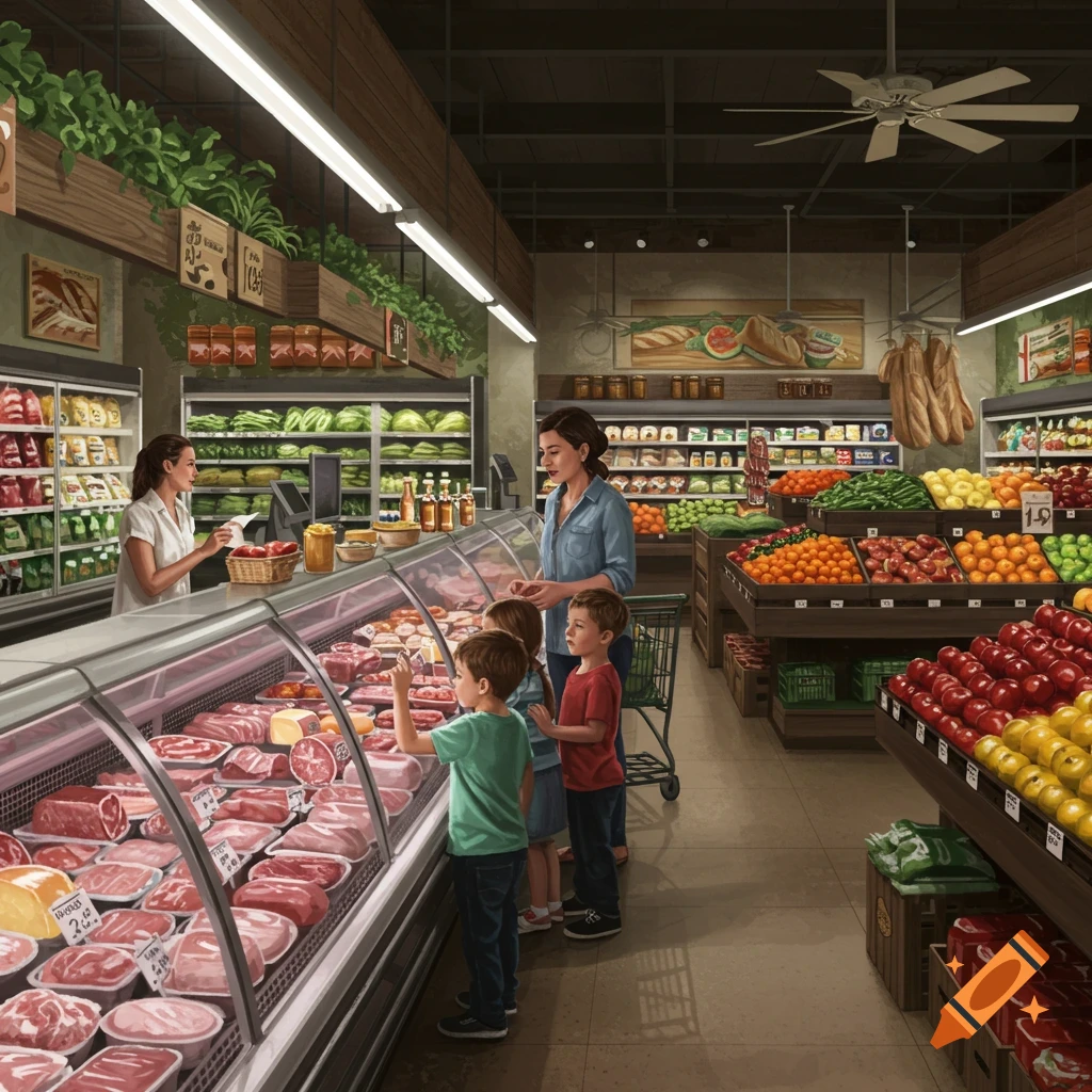 A mother with three children at the deli counter in a grocery store, with meat and produce sections visible.