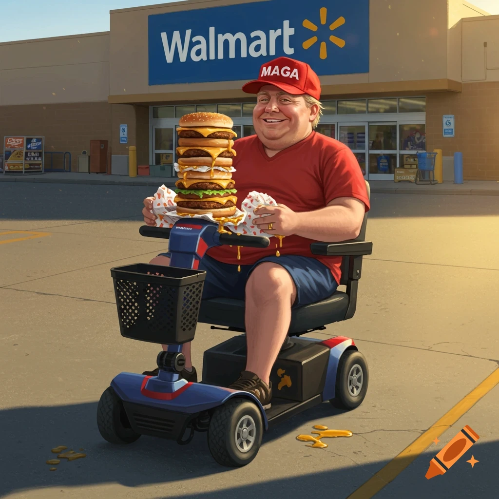 A large man in a MAGA hat on a mobility scooter in front of a Walmart, holding a huge stack of cheeseburgers with grease dripping.
