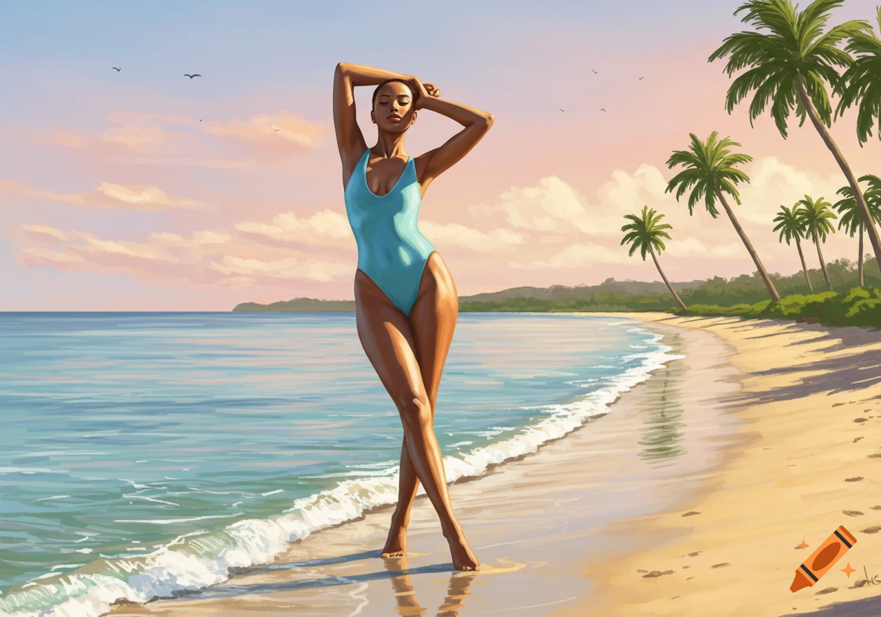 Digital painting of a woman in a light blue swimsuit posing on a tropical beach at sunset with palm trees.