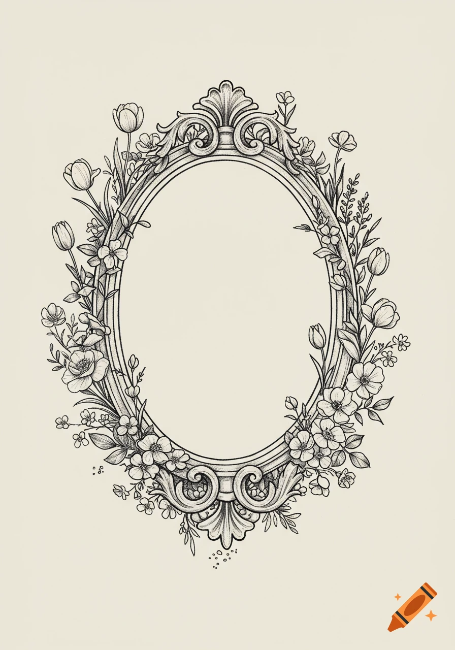 An ornate oval frame surrounded by intricate black and white floral illustrations, including tulips, roses, and various wildflowers, on a light background.