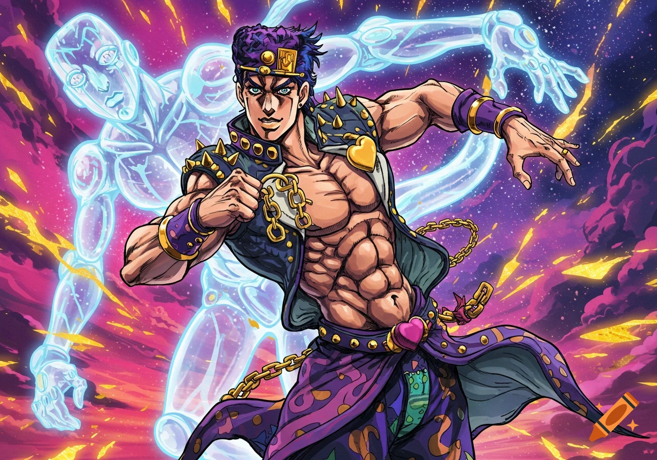 A muscular anime man with purple hair and spiked outfit poses with a glowing, translucent humanoid figure against a vibrant cosmic background.
