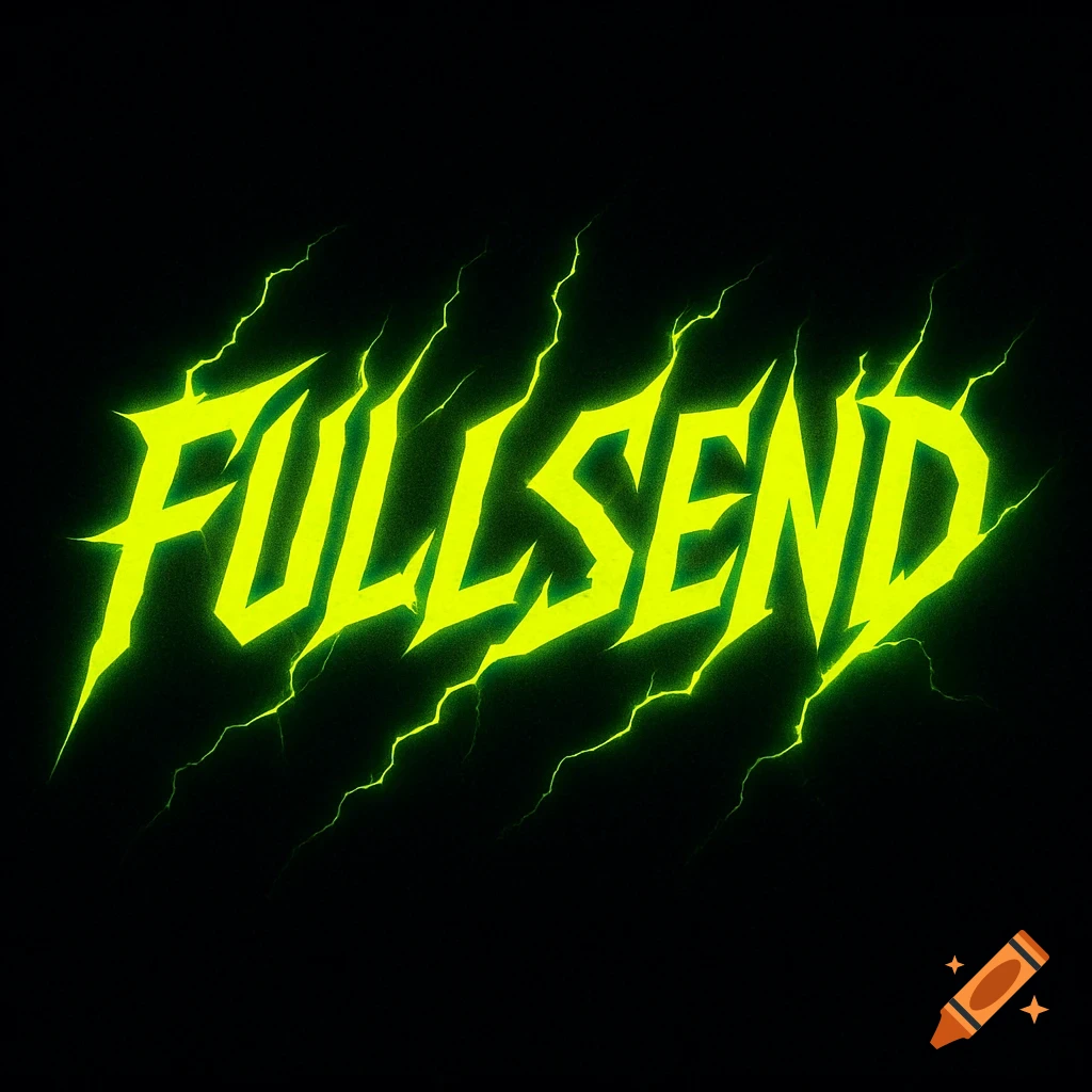 The word FULLSEND in vibrant neon green jagged letters with lightning effects on a black background.