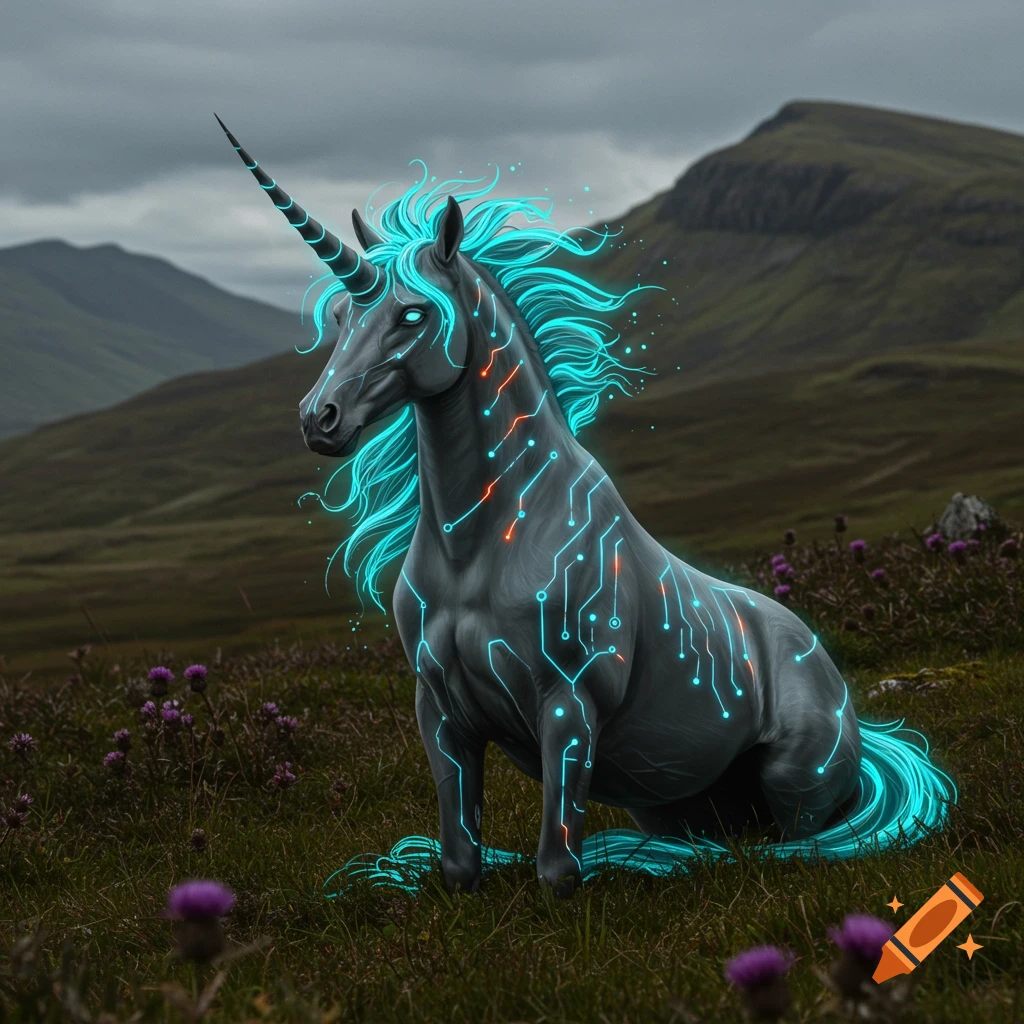 A dark gray unicorn with glowing blue mane, tail, and horn, covered in blue and orange circuitry, sits in a green field with purple thistles under a cloudy sky.