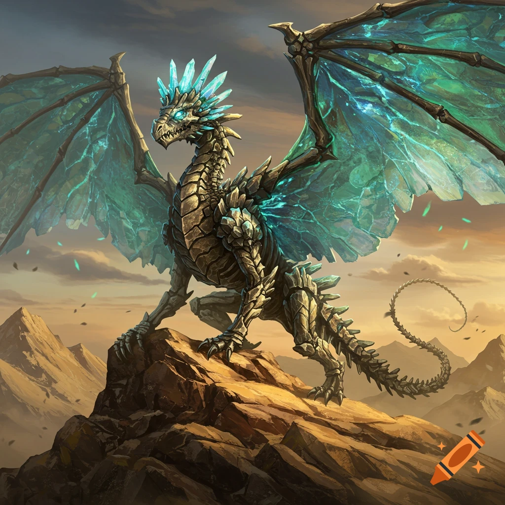 A majestic fossil-like dragon with translucent crystal wings and a crystal crest stands on a rocky mountain peak at sunset, in hyper-detailed fantasy art style.