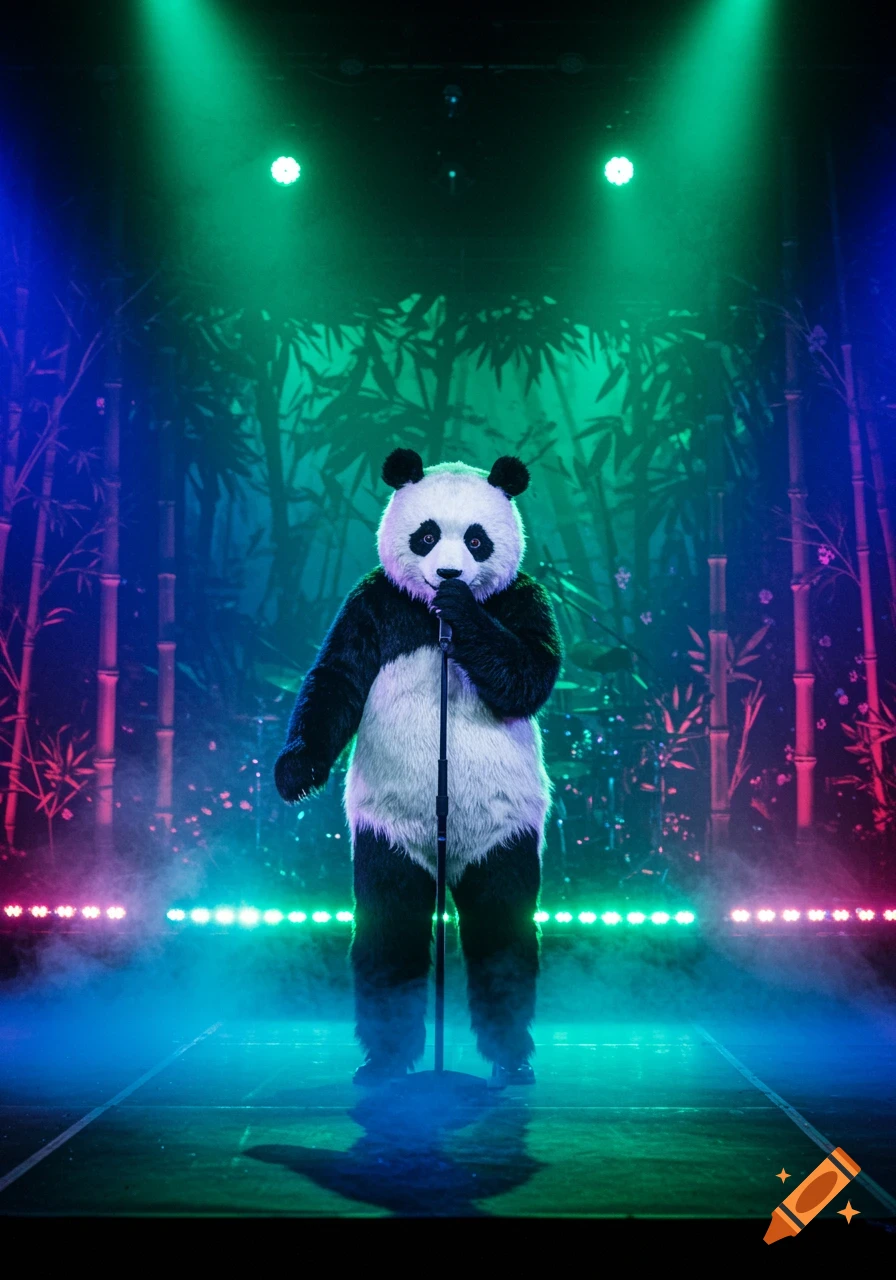 A person in a realistic panda costume sings into a microphone on a stage, illuminated by colorful green and blue spotlights, with a bamboo forest backdrop.