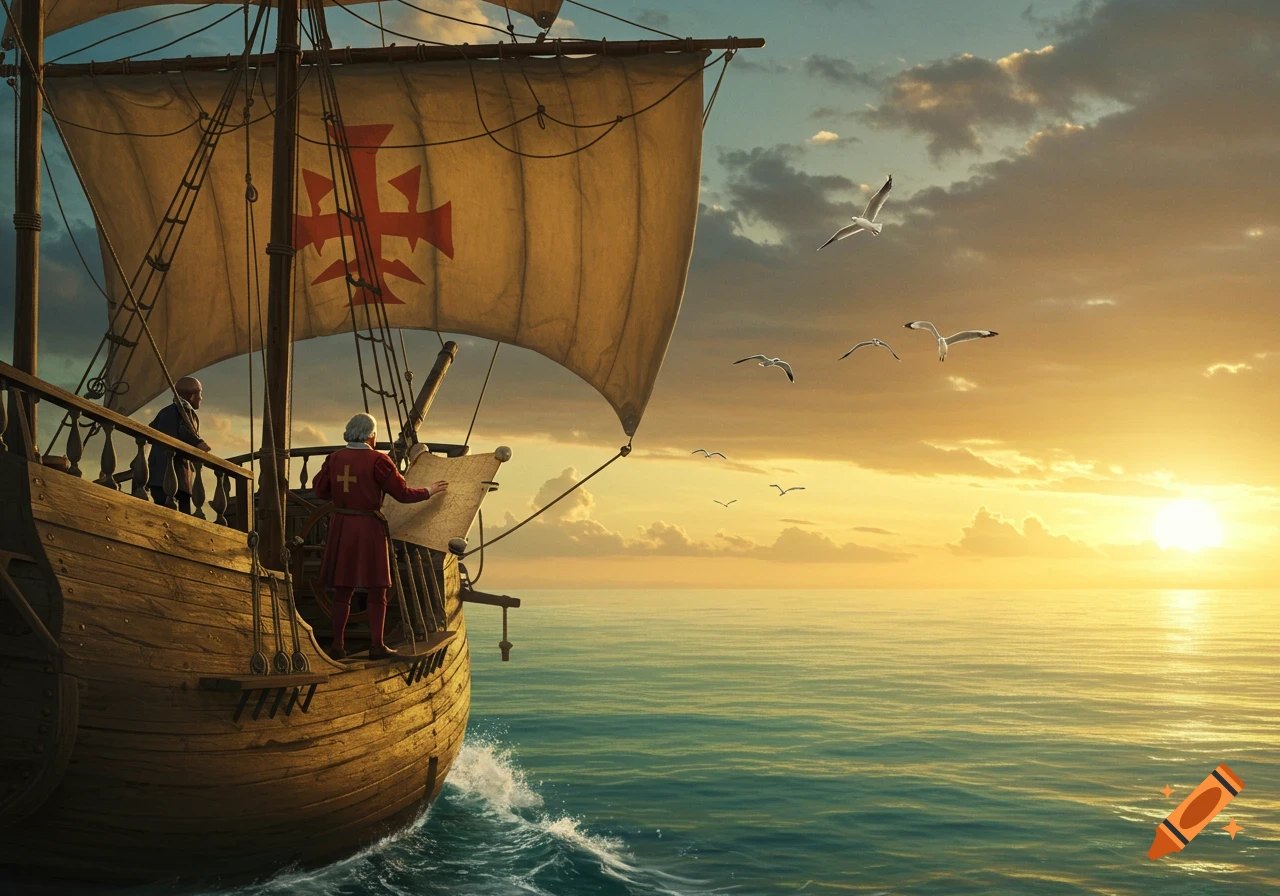 A large wooden sailing ship with a red cross flag sails on a calm ocean under a golden sunset, with a person on deck studying a map.