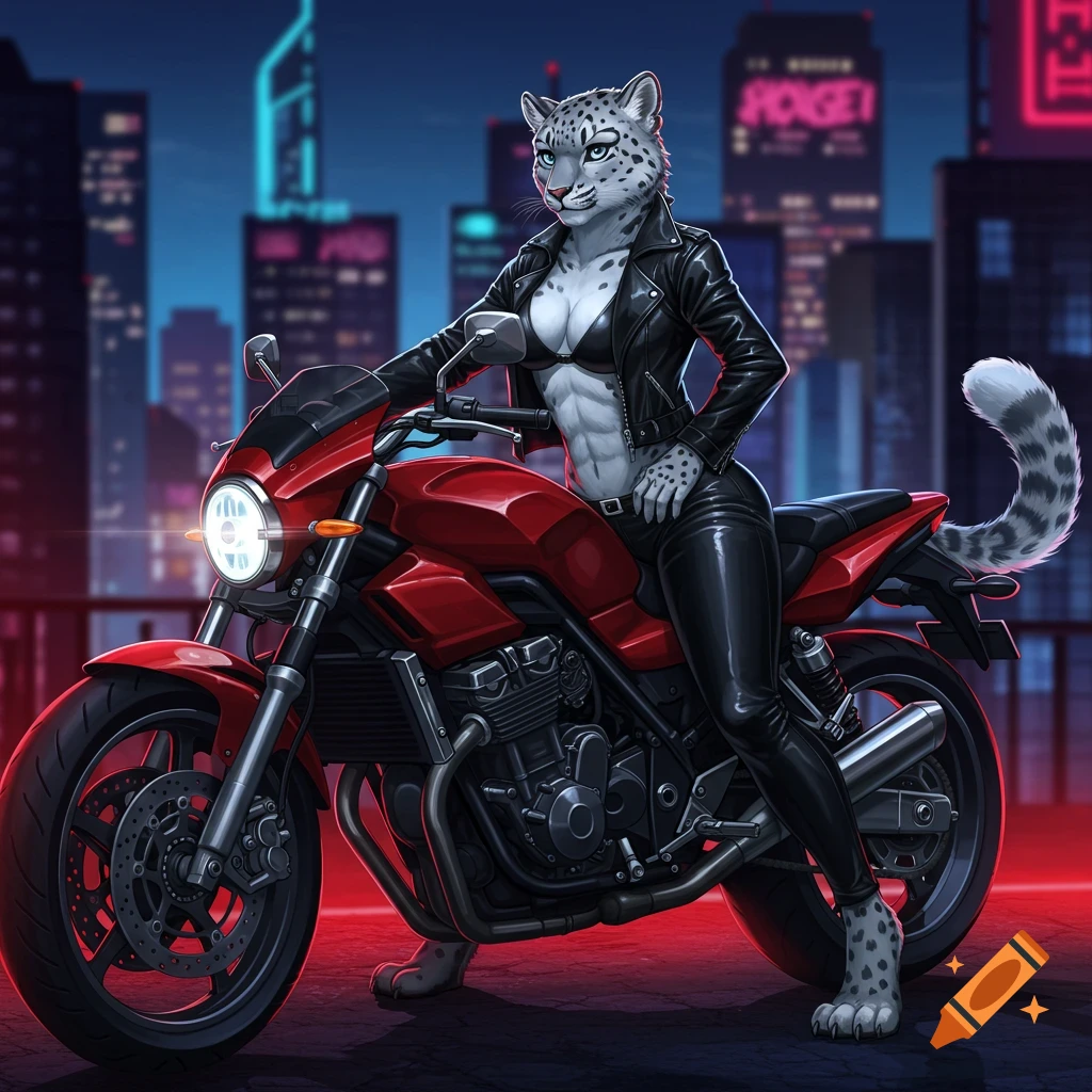 A female anthro snow leopard in a black leather jacket and bikini top poses on a red motorcycle in a neon-lit city at night.