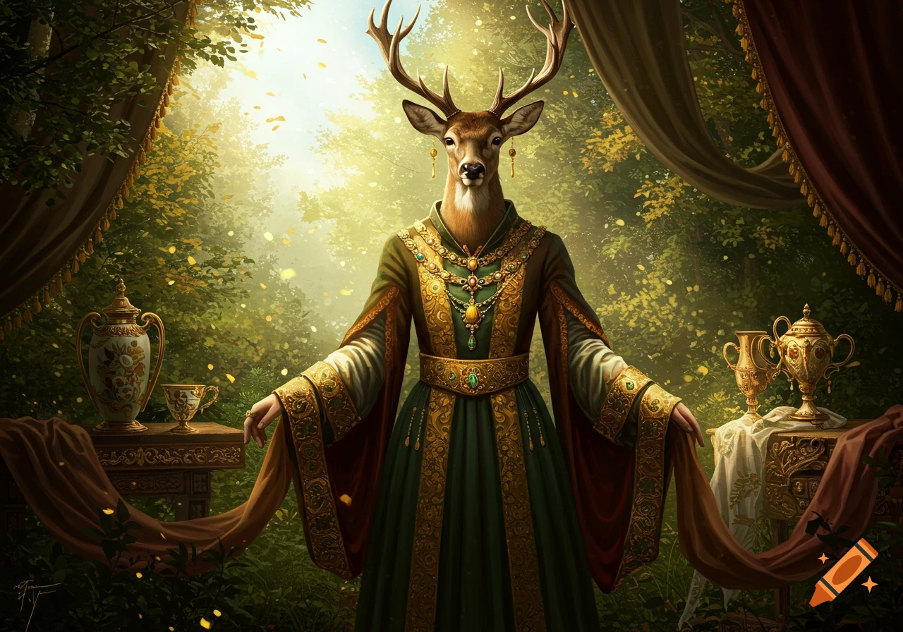 A majestic deer-headed figure in ornate green and gold robes stands in a sunlit enchanted forest, with decorative urns on tables.