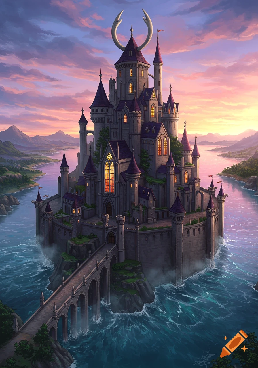 A majestic fantasy castle with purple roofs and glowing windows, situated on an island surrounded by water, connected by a stone bridge under a vibrant sunset sky.