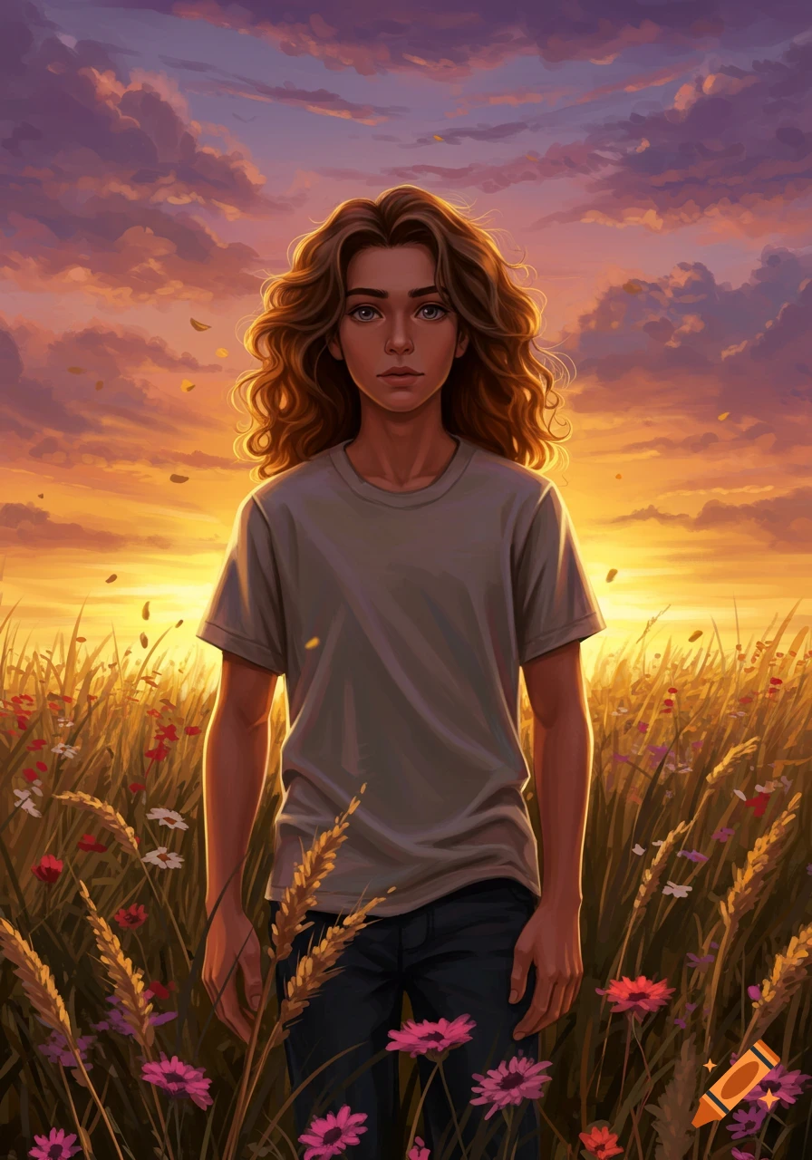 A young boy with long, wavy brown hair stands in a vibrant field with wildflowers during a colorful sunset, in a digital painting style.