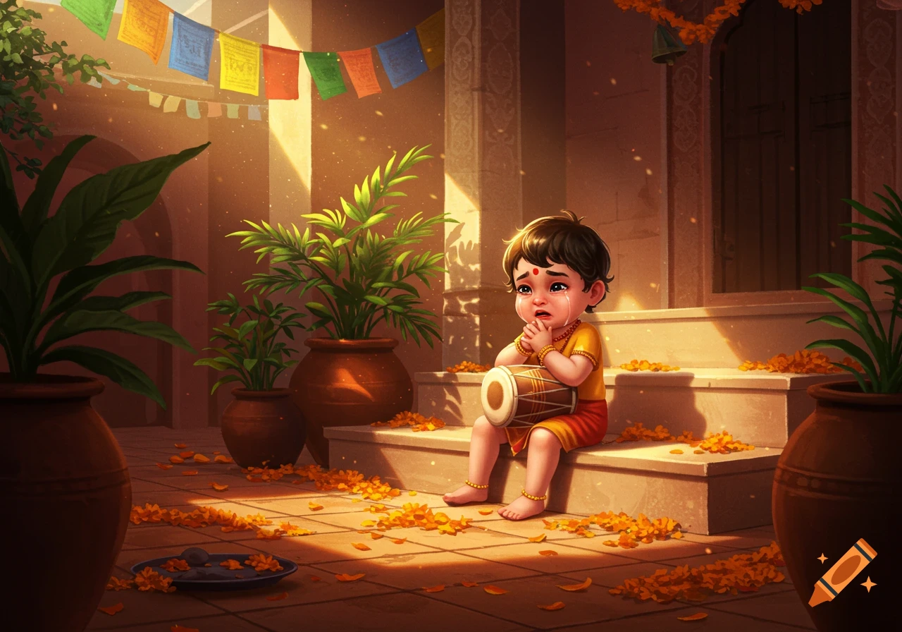 An illustration of a small crying child in traditional South Asian attire sitting on steps, holding a drum. Prayer flags and marigold petals decorate the sunlit courtyard.