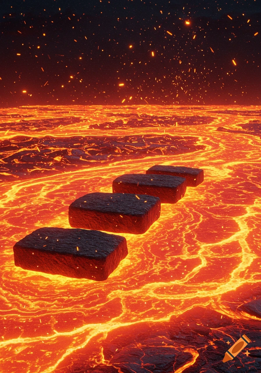 Dark, square stepping stones float on a vast, glowing river of molten orange and red lava under a dark sky filled with fiery sparks.