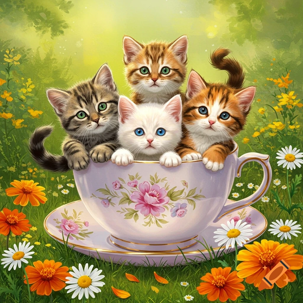 Four cute kittens, including tabby, white, and orange, peer from a floral teacup amidst a vibrant green field with colorful flowers, in an illustrative style.