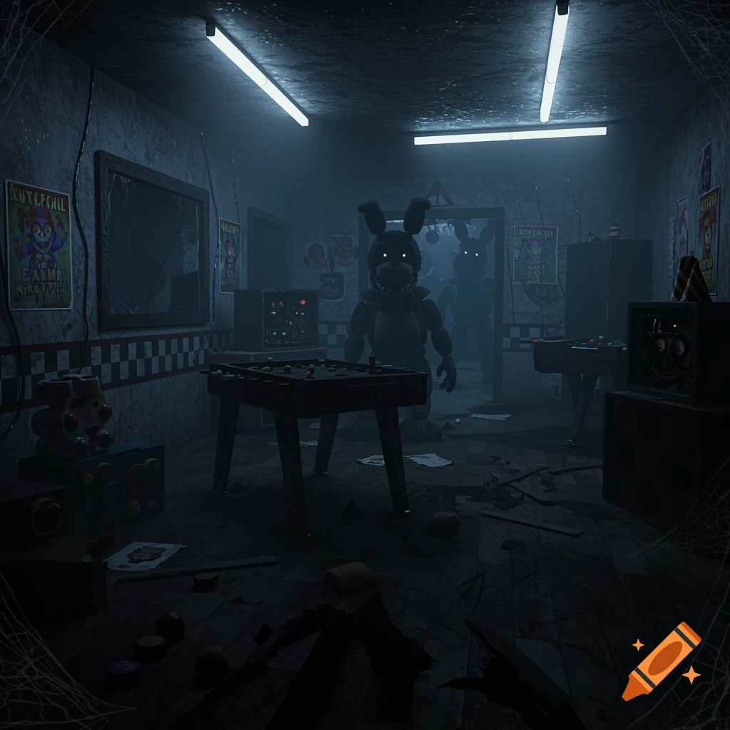 A dark, spooky game room with two glowing-eyed animatronic rabbits in the background, a foosball table, scattered trash, and cobwebs. Posters hang on the walls under dim fluorescent lights.