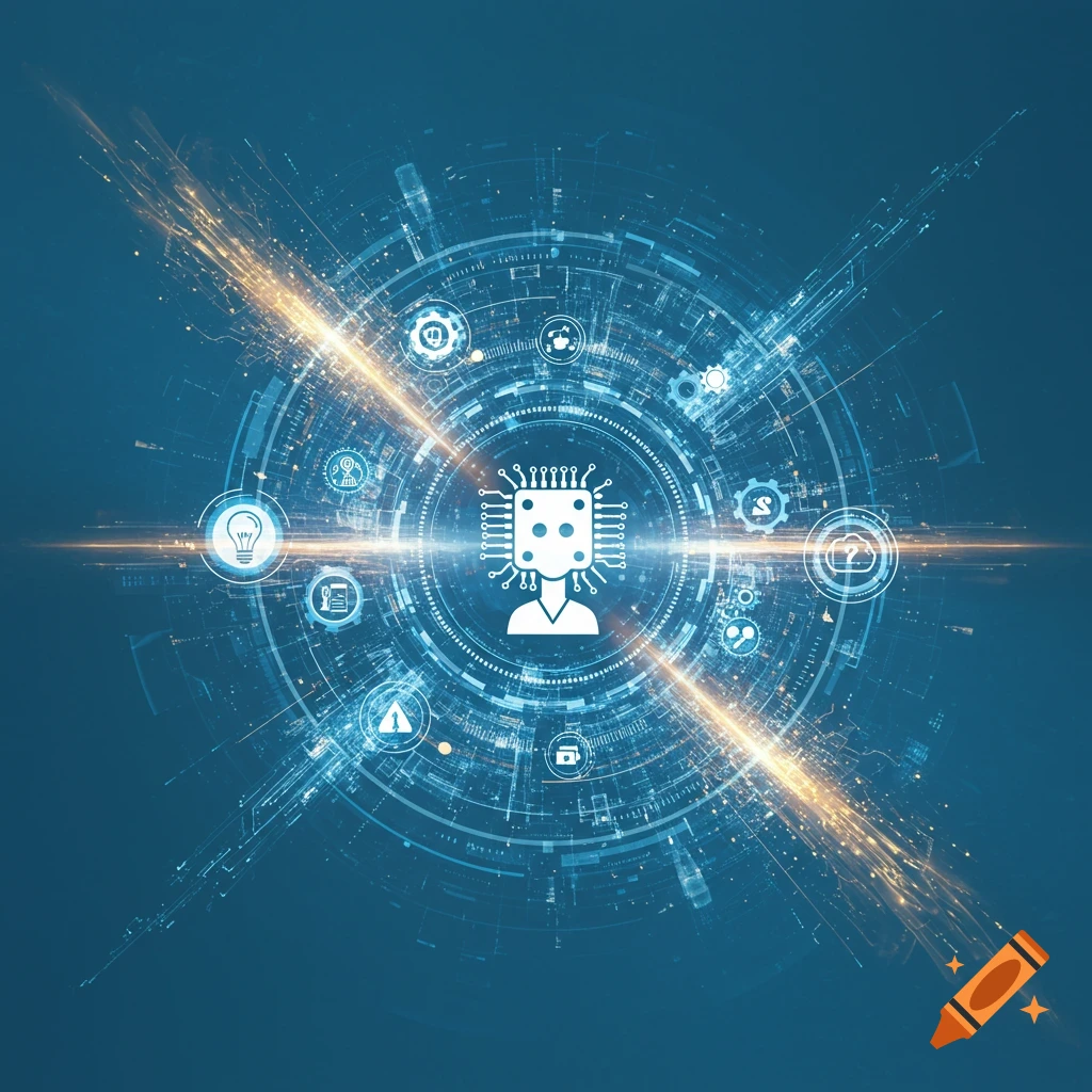 Abstract digital art representing AI learning, with a circuit board head figure at the center of a glowing, circular interface.