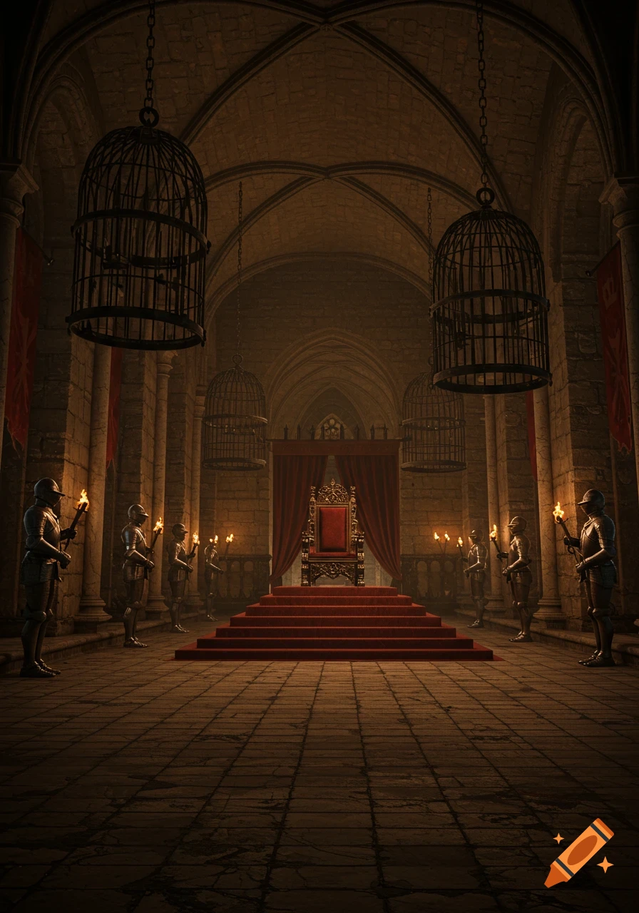 A dark, atmospheric medieval throne room with a large red throne on a raised platform, flanked by knights in armor holding torches and large hanging cages.