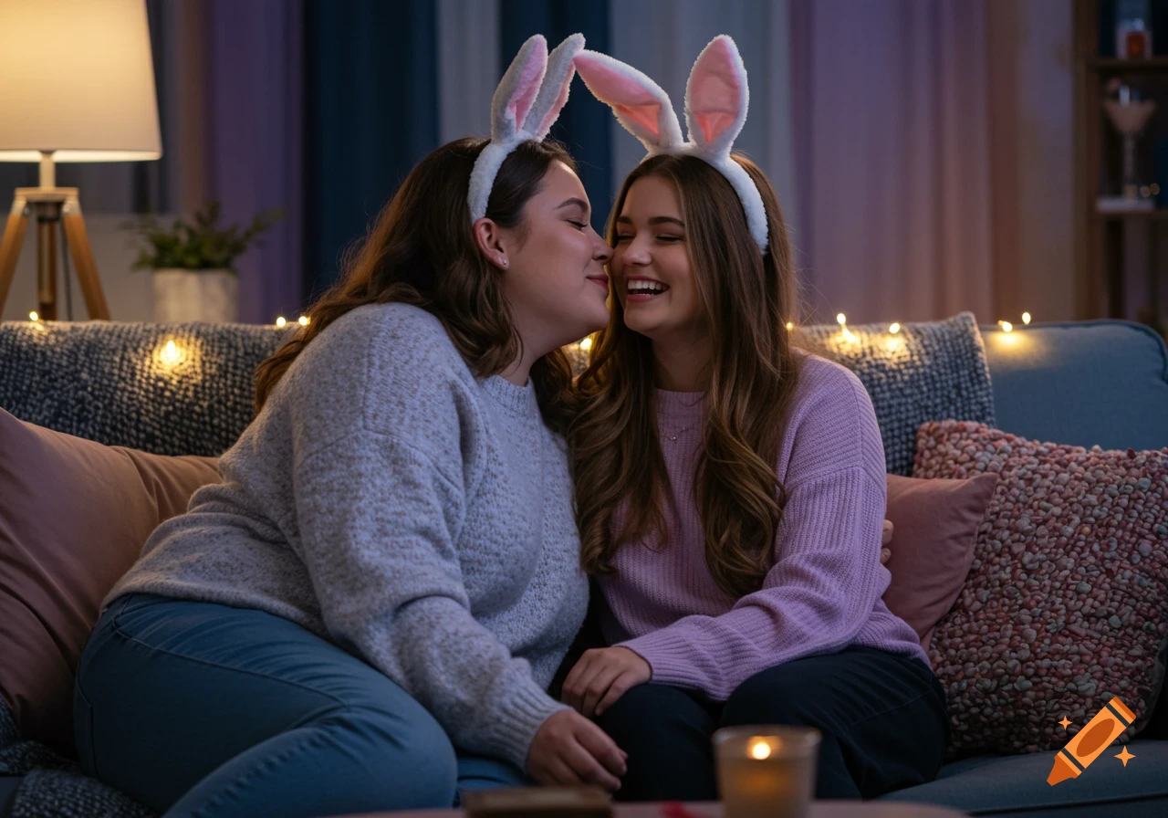 Two smiling girls wearing bunny ears cuddle on a couch in a cozy living room at night.