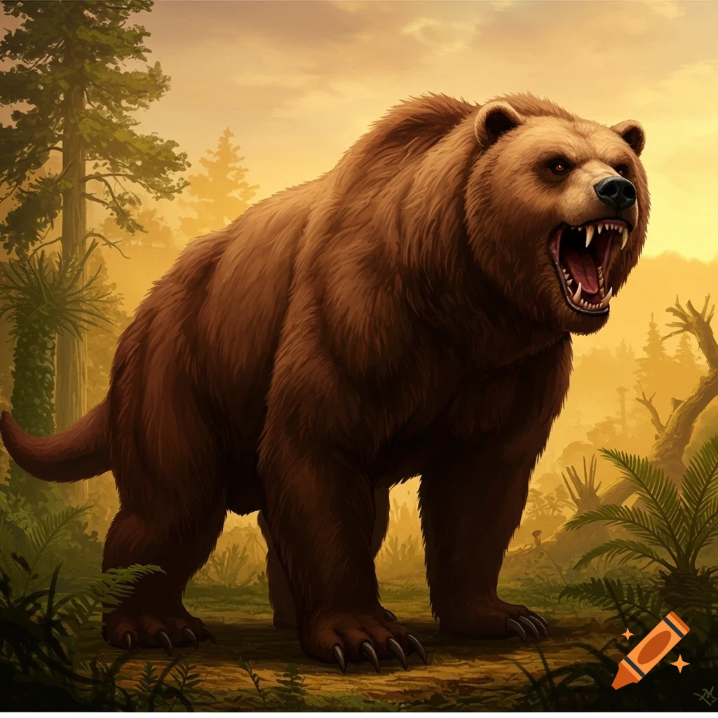 A powerful brown bear-like creature with a wide open, snarling mouth stands in a forest with a golden sunset sky.