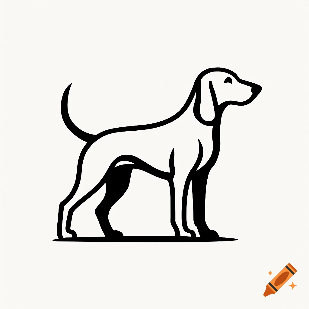 A minimalist black and white line art logo of a dog standing, looking to the right.