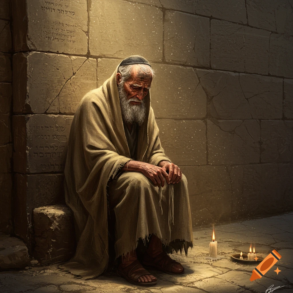 A photorealistic depiction of an old, bearded Jewish man in a robe, sitting sorrowfully by a stone wall with candles nearby.