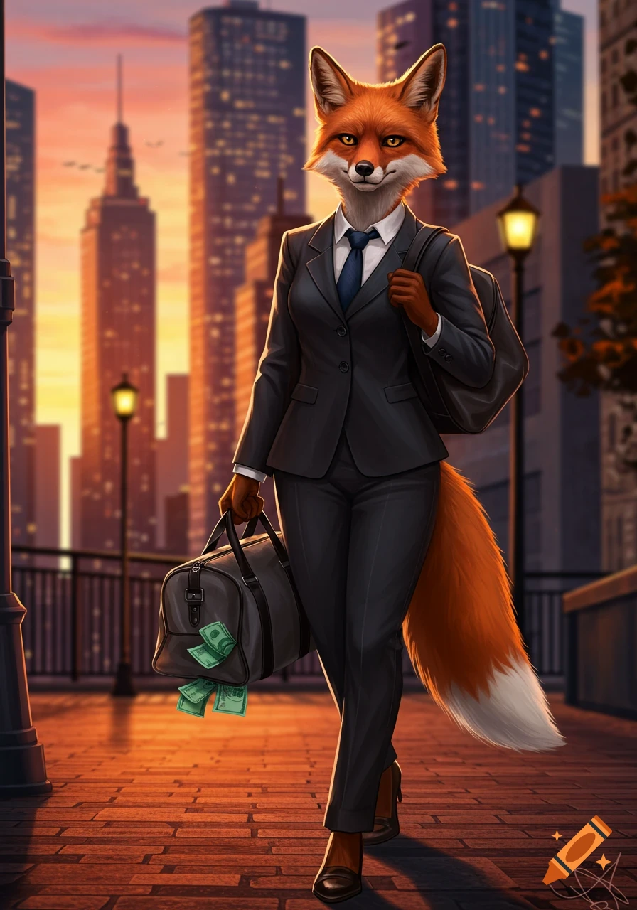An anthropomorphic fox woman in a business suit walks down a city street at sunset, carrying a duffle bag spilling money.