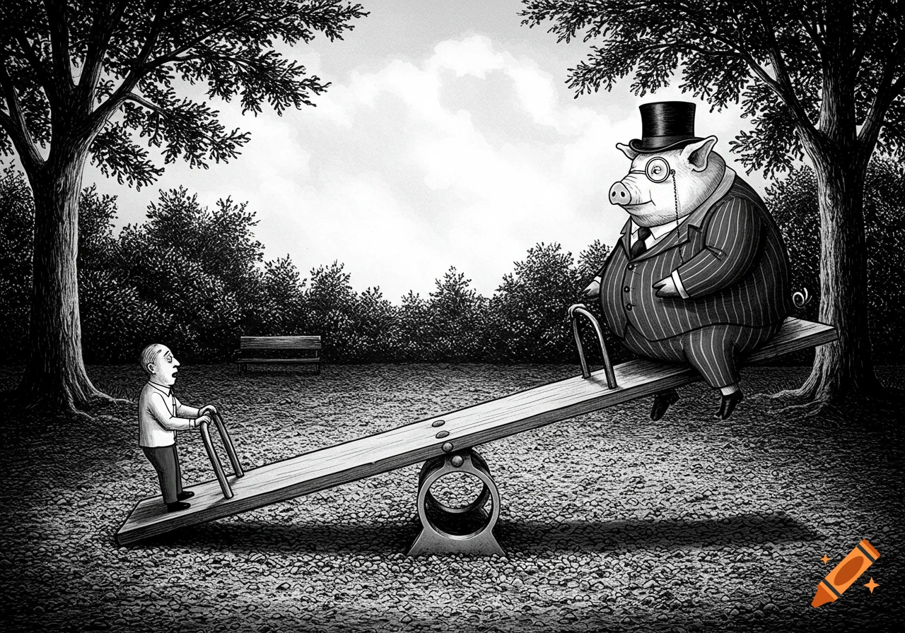 A black and white illustration of a small man trying to lift a large pig banker on a seesaw in a park.