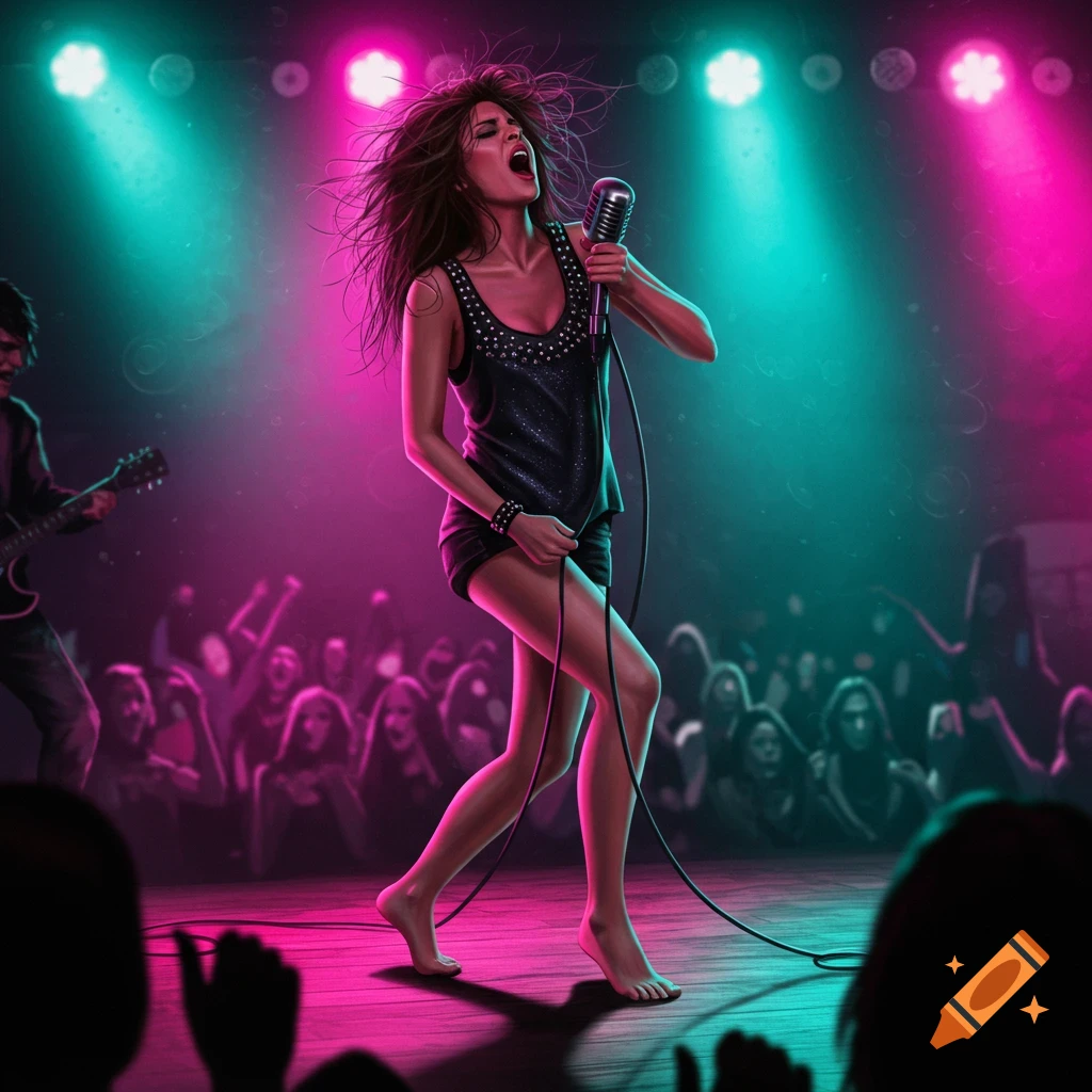 A female rock star in a black tank top and shorts sings barefoot on stage, holding a microphone. Vibrant pink and teal spotlights illuminate her and the blurred audience.