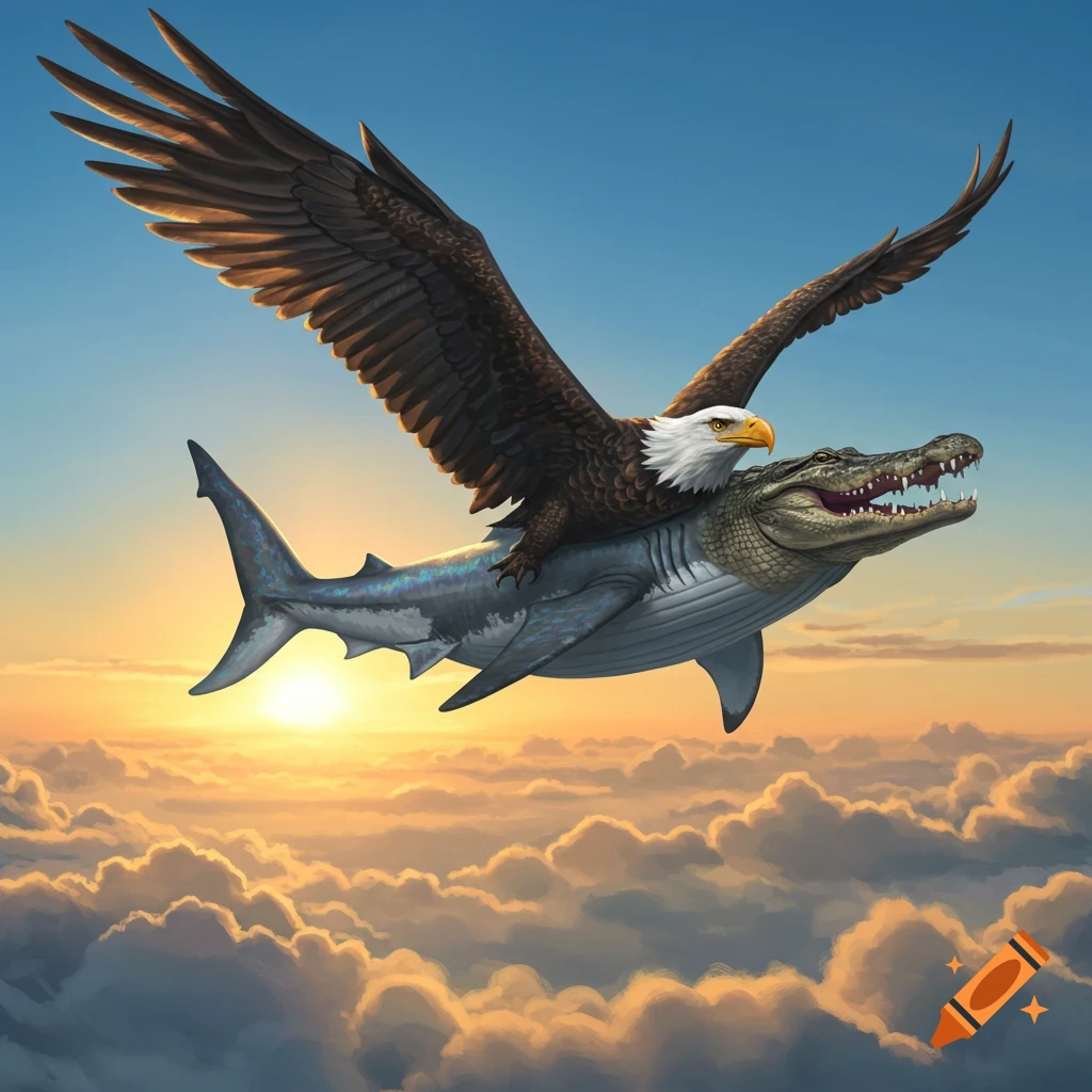 A bald eagle rides a shark-crocodile-whale hybrid creature flying over clouds at sunset.