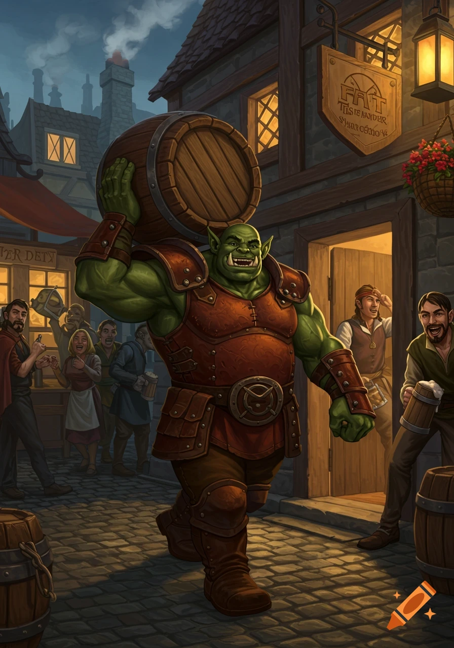 A muscular green orc proudly carries a large wooden barrel on his shoulder as he walks past a lively tavern with people outside.