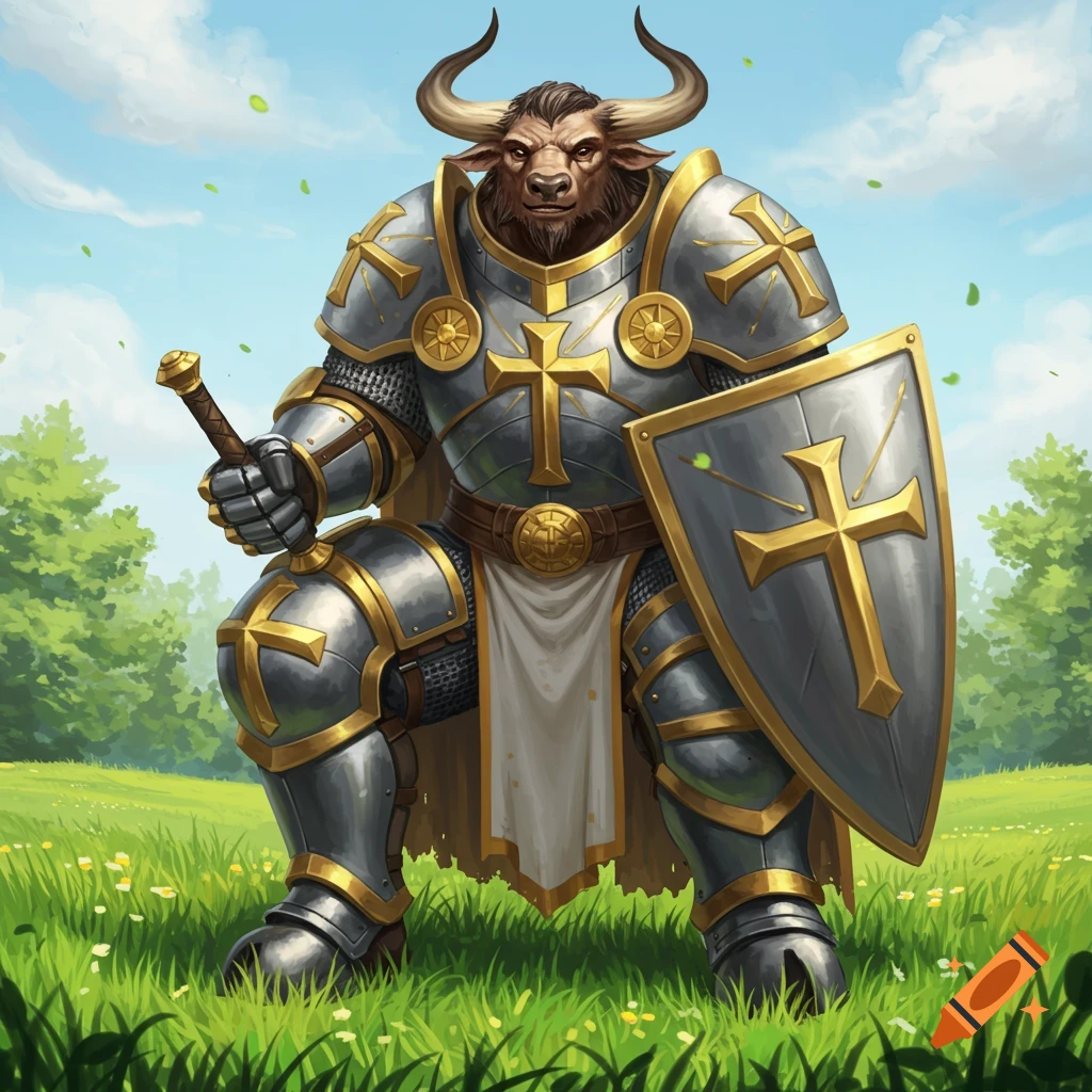 A powerful Minotaur Paladin in gleaming silver and gold armor with cross motifs kneels in a vibrant green meadow, holding a sword and shield.