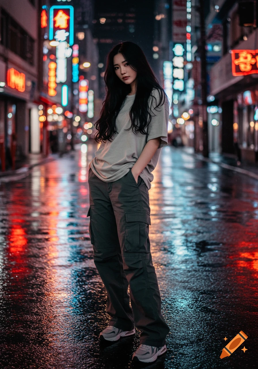 A pretty Korean girl with long dark hair, wearing a gray t-shirt and cargo pants, stands in a wet city street at night illuminated by colorful neon signs.