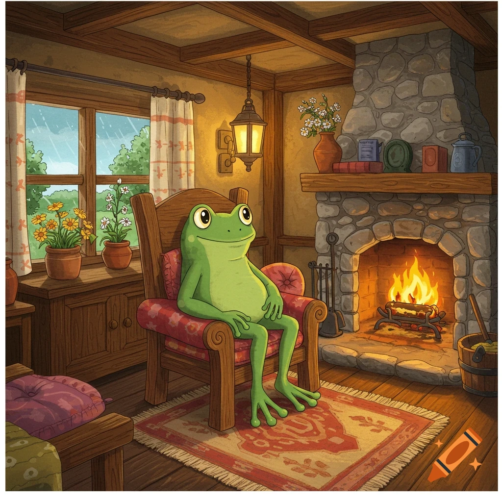 A cartoon rain frog sits in a cozy armchair by a crackling fireplace inside a warm country cottage on a rainy day.