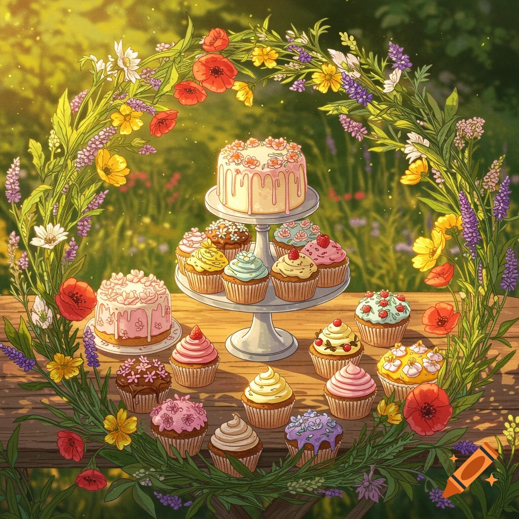 A vibrant illustration of cakes and cupcakes on a wooden table, framed by a wreath of colorful meadow flowers in a sunny garden.