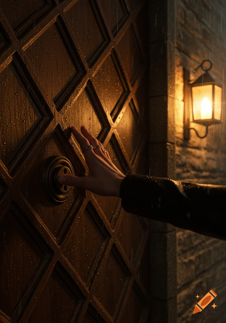 A person's hand with rings knocks on a rain-drenched, ornate wooden door illuminated by a glowing lantern at night. Photorealistic.