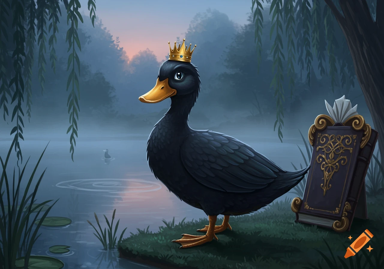 A black duck wearing a gold crown stands on grass by a misty pond with weeping willows, a stylized illustration.