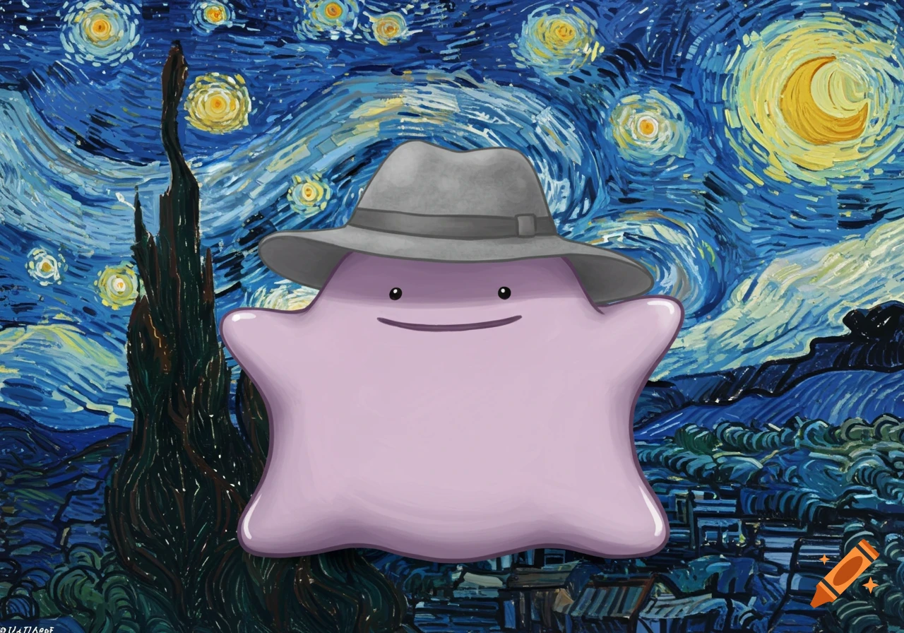 A purple Ditto wearing a grey fedora hat in front of a swirling blue and yellow Starry Night background.