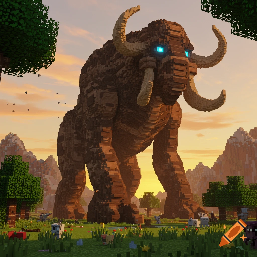 A colossal blocky creature with glowing blue eyes in a Minecraft-style landscape at sunset.