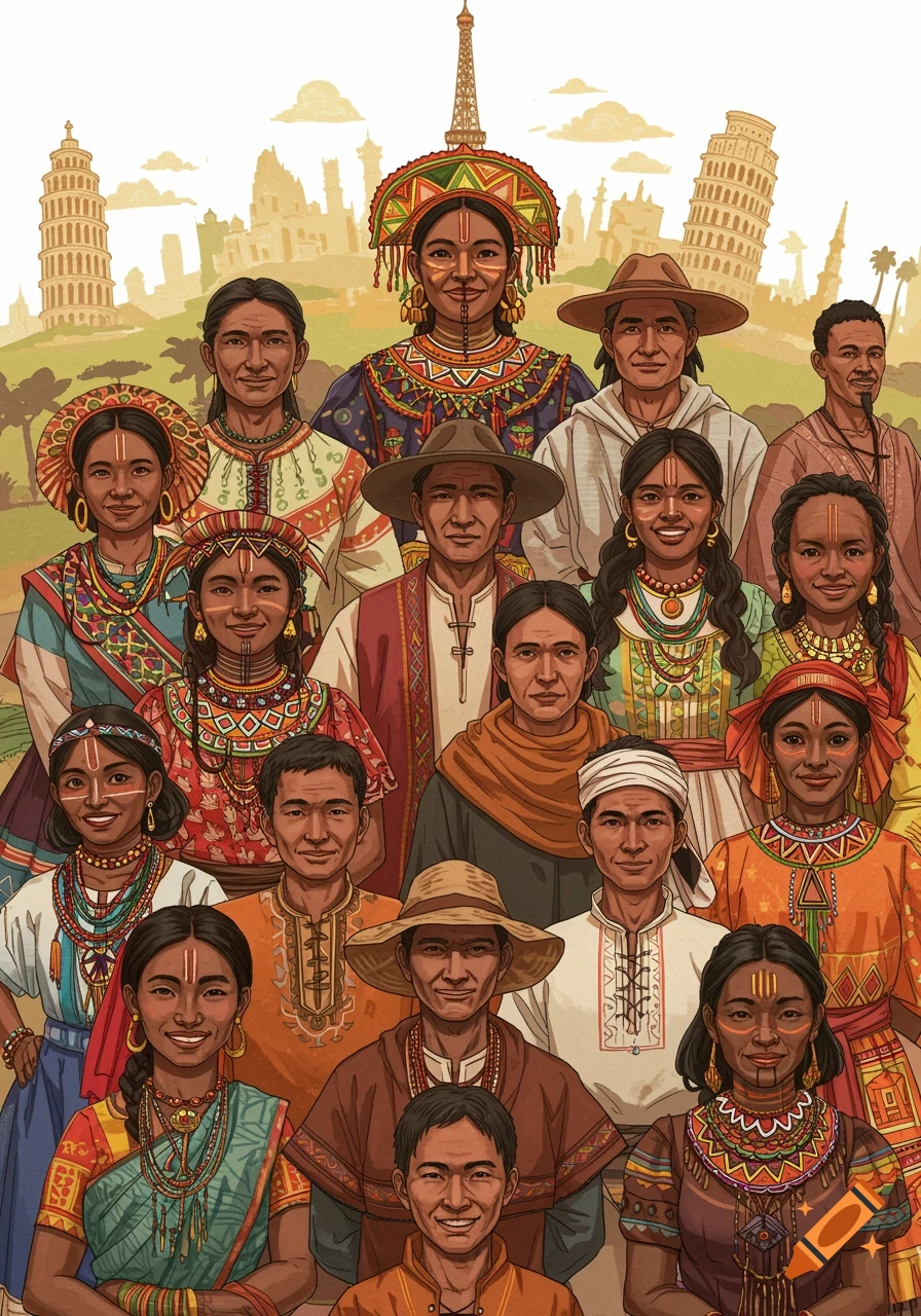 Stylized illustration of a diverse group of people in traditional attire with famous landmarks in the background.
