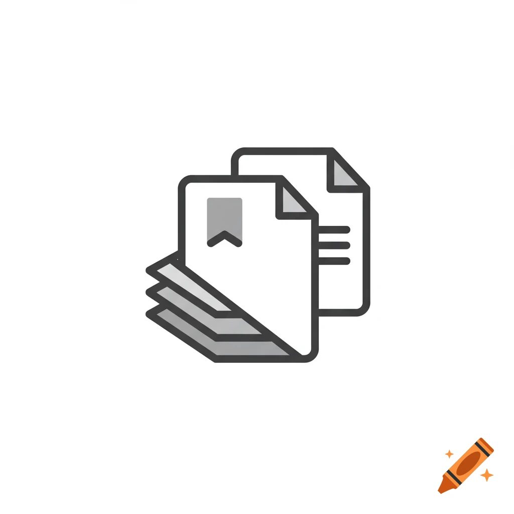 A minimalist icon of stacked documents, one with a bookmark and another with horizontal lines.