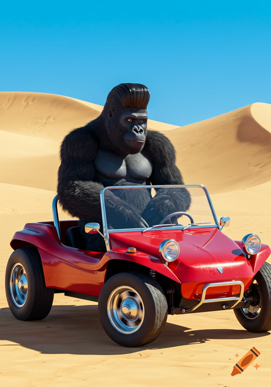 A photorealistic gorilla with a black pompadour hairstyle drives a red Meyers Manx dune buggy through a desert with sand dunes under a clear blue sky.