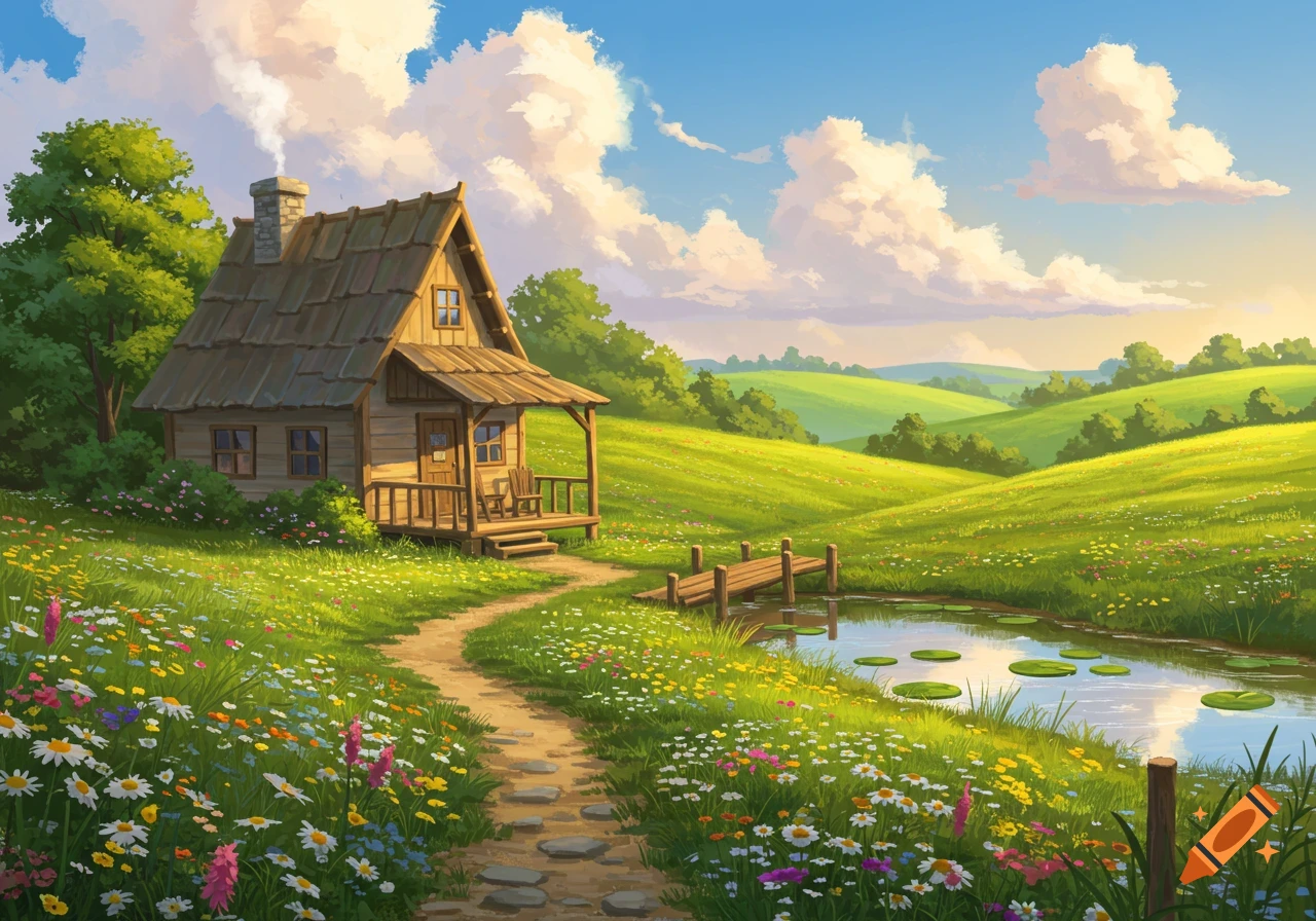 A serene landscape with a rustic cottage, a winding path through wildflowers, and a pond under a blue sky.