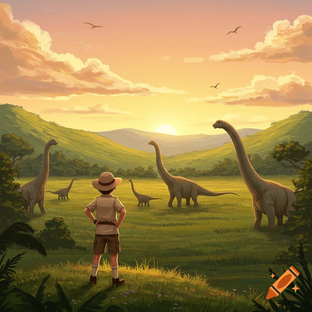 A teenager in a safari hat looks at several longneck dinosaurs grazing in a lush green valley at sunset, in an illustrative style.