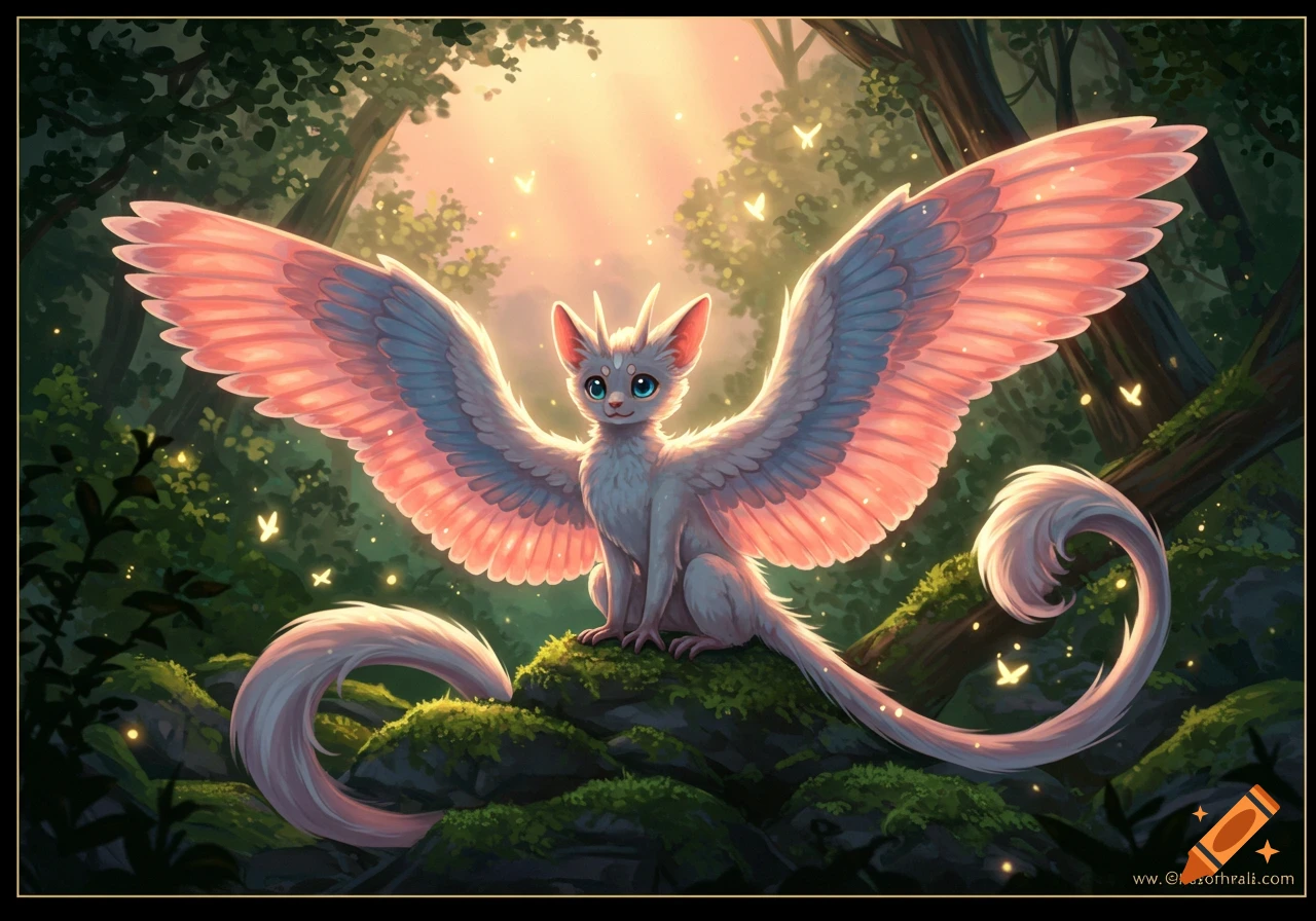 A white winged cat-like creature with blue eyes and pink and blue wings sits on mossy rocks in a sunlit fantasy forest with glowing butterflies.